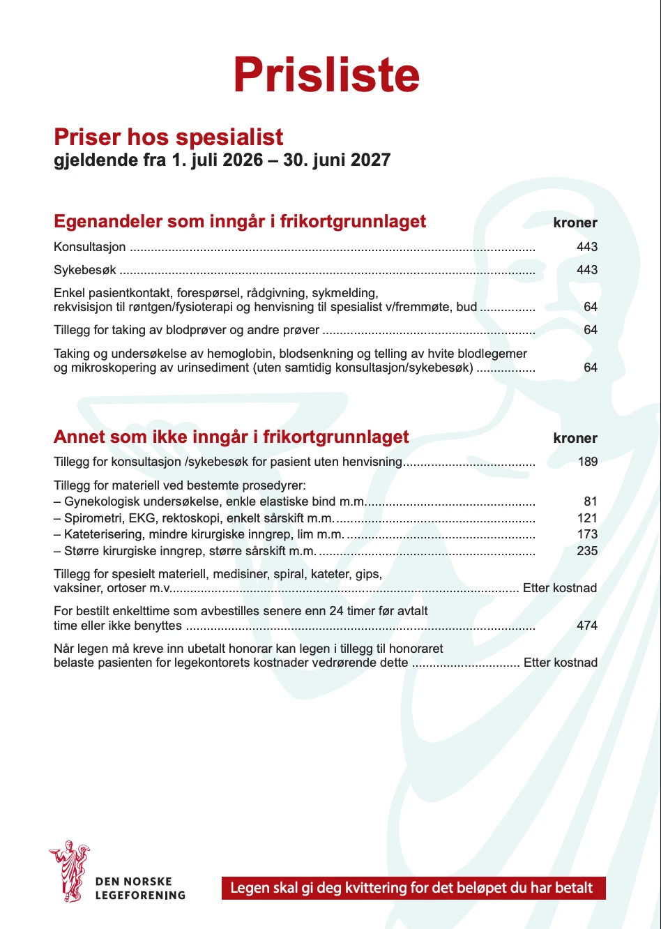 Prisliste fra Den norske Legeforening for spesialist, gjeldende fra 1. juli 2026 til 30. juni 2027.